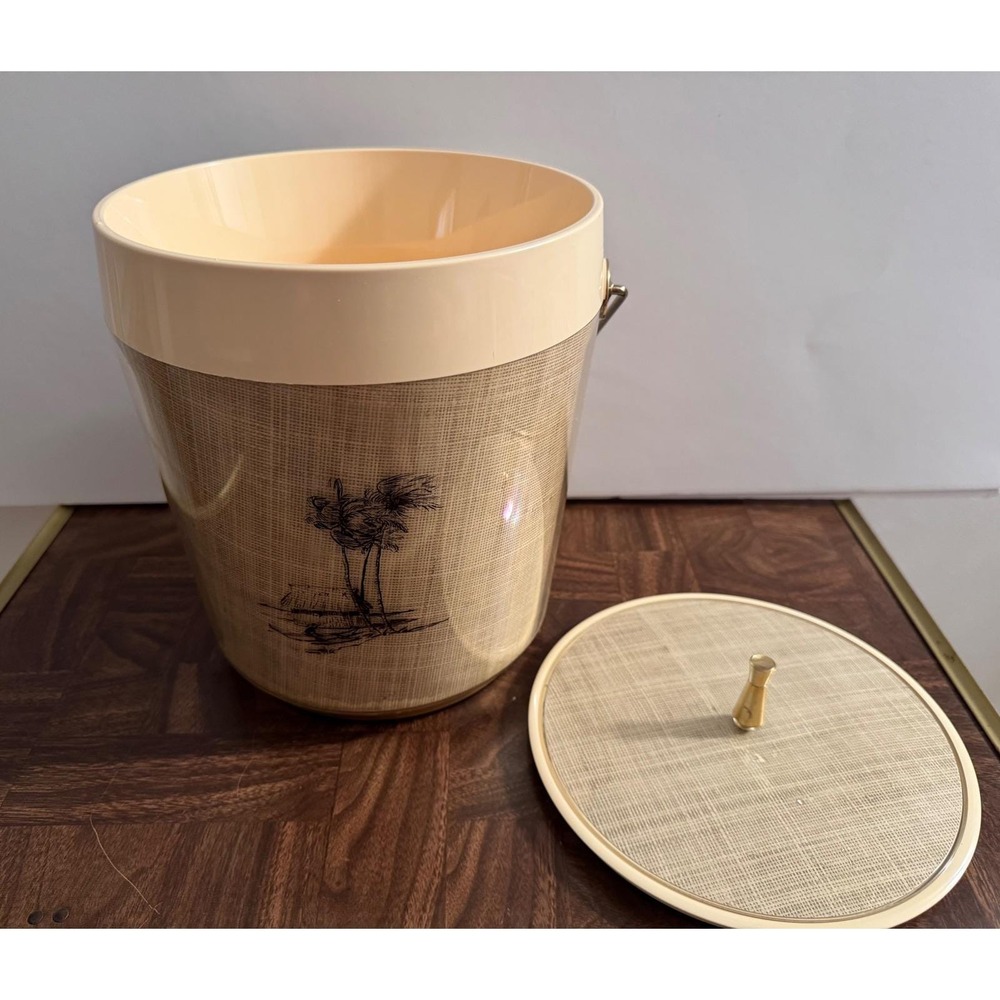 Vintage MCM Tiki Ice Bucket Palm Tree Faux Raffia Made in USA - Picture 2 of 8